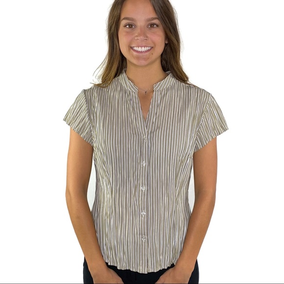 East 5th Tops - East 5th Petites Tan & Black Pinstripe Short Sleeve Shirt Medium